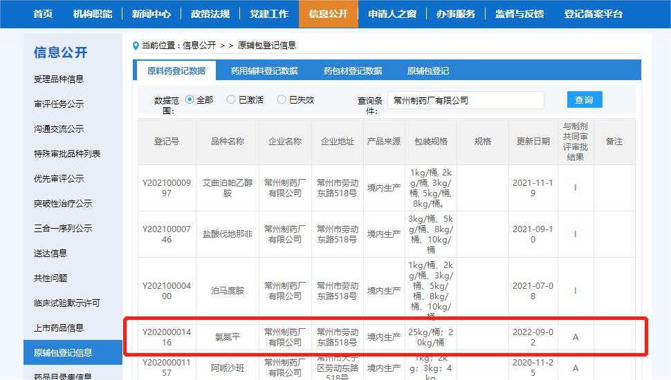 和记娱乐有限公司氯氮平原料药备案状态已转为“A”状态