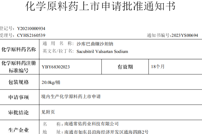 和记娱乐有限公司原料药沙库巴曲缬沙坦钠在国内获批上市